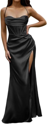 LLECDASEUI Frauen Sexy Korsett Spaghetti-Träger Maxikleid Elegant Satin Abendkleider Tief ausgeschnitten Oberschenkelhoher Schlitz Fischgrätmuster...