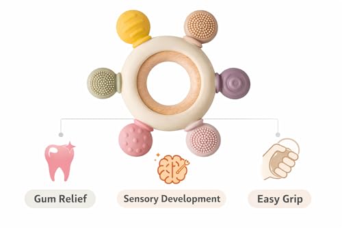 Image of ToyTastic Baby Teething Toy Ring with Multi-Texture Silicone & Wooden Grip | BPA Free Teether for Infants | Sensory Chew Toy for Gum Relief & Motor Skill Development