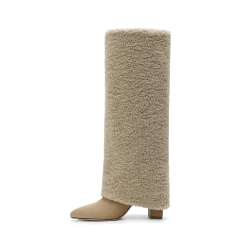 Image of Knee High Boots Women Fold Over Boots Chunky Heel Pointed Toe Tall Boots | Fashion Slouchy Boots,Side Zipper Shark Boots,Fall Spring Winter Fashion Dress Tall Boots,Evening Bridal office Long Boots