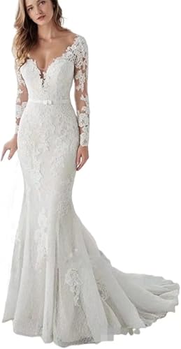 V-Neck Wedding Dresses Long Sleeve Lace Mermaid Beach Wedding Dresses for Bride 2024 Boho Bridal Gowns for Women