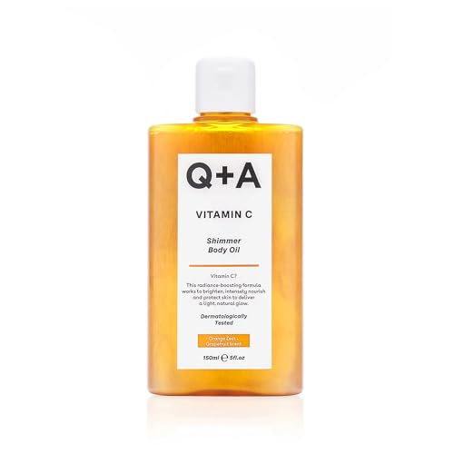 Q+A Vitamin C Shimmer Body Oil (150ml) Radiance Boosting Body Moisturiser with Hazelnut Oil & Light Reflecting Shimmer Hydrating Glow Oil for Sun Kissed Skin Orange Zest & Grapefruit Vegan