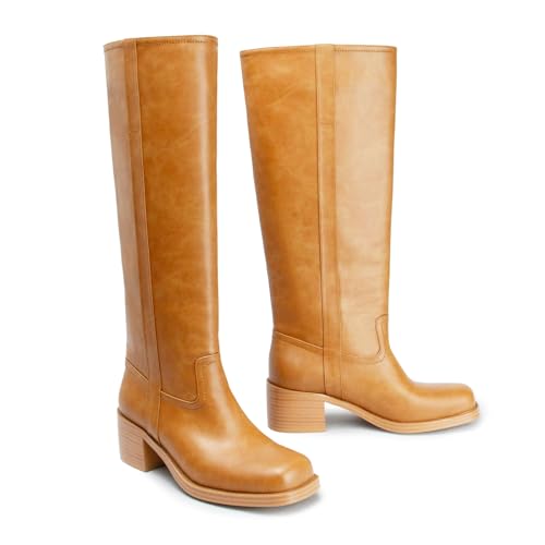 Image of Gothictor Women's Banana Knee High Boots Square Toe Chunky Block Heel Comfortable Low Heel Pull on Wide Calf Riding Long Boots for Women