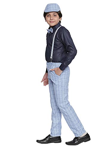 Image of Boys Blue Checked Suspender Pant Set with Shirt, Bow and Cap (1103X)