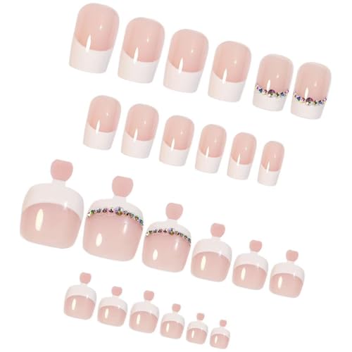 Image of 48 Pcs Square Press on Nails & Press on Toenails White French Tip Glue on Nails with Rhinestone Design Glossy Fake Nails Artificial Acrylic Full Cover Stick on Toe Nails for Women Summer Manicure