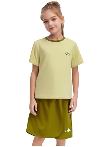 Girls 2 Piece Outfits Summer Short Sleeve Top And Shorts Set For Sport Workout Tennis Golf Light Green 7-8 Years