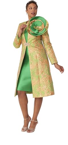 Women's Church Dress & Jacket Set – Elegant Duster Style w/Flower Brooch – Brocade & Silk-Look, Regular - 4859