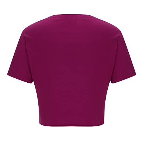 Uorcsa Womens Short Sleeve Self Tie Knot Front Crop Top Shirt Solid Color Basics Crewneck Casual Top Pullover T-Shirt Hot Pink #TOP7