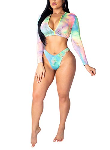 SIAEAMRG Rash Guard Long Sleeve Swimsuit for Women, 2 Pieces Sexy High Waisted Triangle Bikini Bathing Suits, 7D Print Tankini Swimwear (A-Multicolor, XL (US 14-16))
