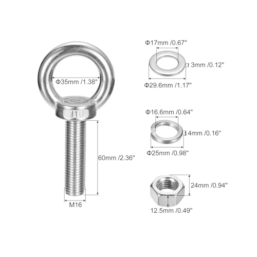 Image of uxcell Lifting Eye Bolt, 2 Sets M16 x 60mm Eye Bolt with Nut Washer 304 Stainless Steel Shoulder Lifting Ring Eye Bolt for Hanging Item