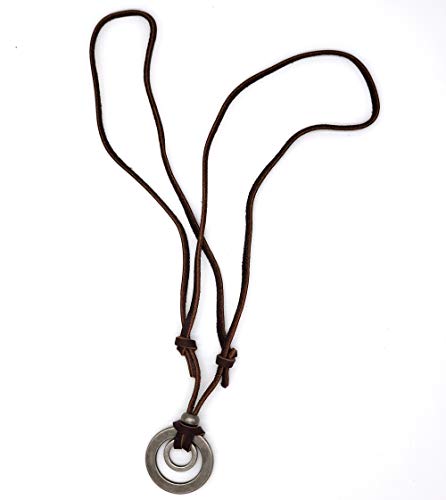 Jonline24h Mens Womens Double Ring Pendant Adjustable Leather Cord Necklace Chain, Brown Silver3
