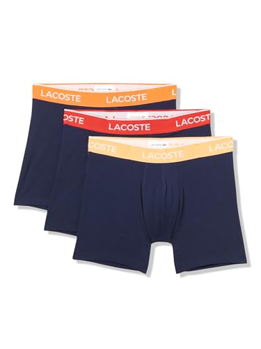 Lacoste Men's Cotton Stretch Essentials Boxer Briefs, 3-Pack, Navy Blue/Orange/Red, Medium