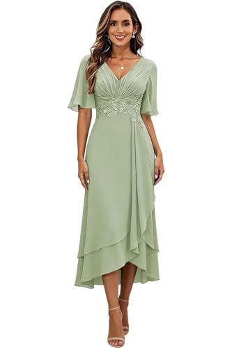Tea Length Mother of The Bride Dress for Beach Wedding Tiered Chiffon Evening Gown Dusty Sage Prom Dress with Sleeves US 18