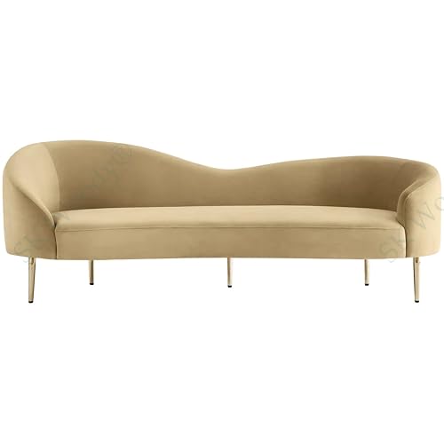 Image of Rosewood Luxury Curved Sofa in Premium Velvet-Fabric | Solid Wood Structure | High Density Foam | Sturdy Golden Legs | Comfortable & Stylish Couch for Modern Living Room (Camel, 3 Seater)