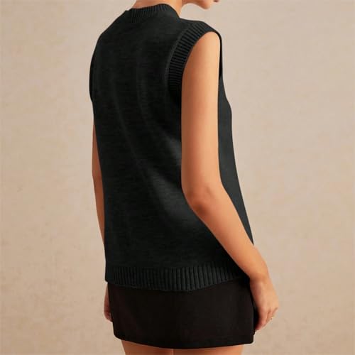 Image of Women Button Down Knit Sweater Vest Casual Loose Fit Crew Neck Sleeveless Button Front Knitted Sweater Cardigan