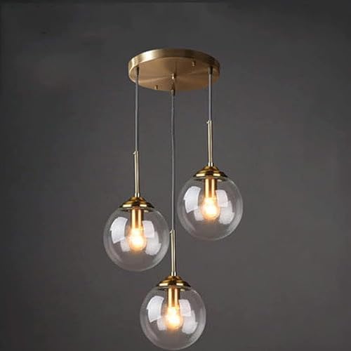 DLSixYi Lampadario industriale vintage in ottone a 3 luci Trasparente/Grigio fumé/Ambra Lampada a sospensione a sfera in vetro Cluster E27 Lampada a sospensione per soggiorno con isola cucina