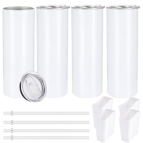 20Oz Sublimation White Straight Blanks Skinny Tumbler With Straw, Sublimation Tumblers For Heat Transfer, Stainless Steel Travel Mug Double Wall Insulated Tumbler | Vinyl Diy Gifts, White 4 Pack #TOP19