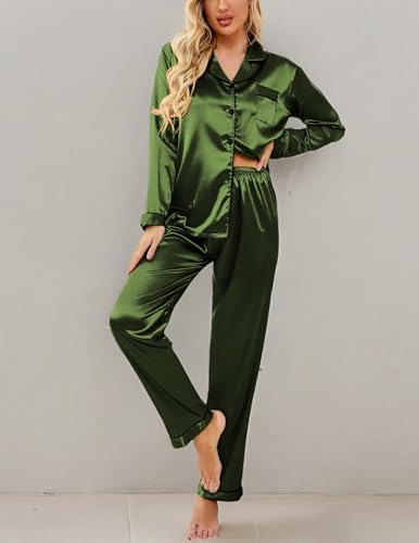 Image of Ekouaer Women's Classic Button Down Long Satin Silk Pajama Set