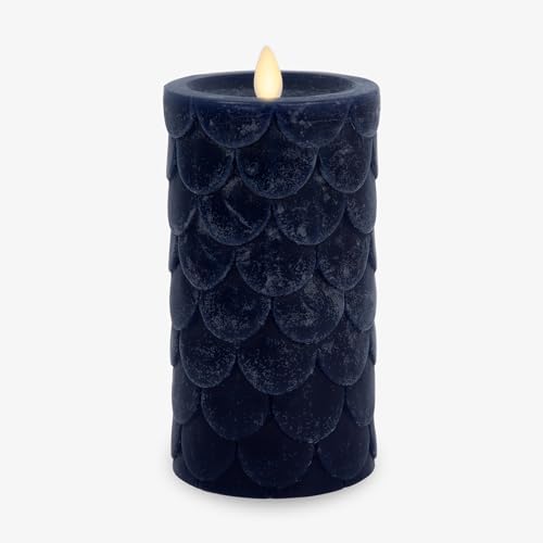 Image of Luminara Embossed Fish Scale Flameless LED Candle, Midnight Blue, 3.25 inch x 6.5 inch, Moving Flame Pillar, Battery Operated with Timer, Indoor