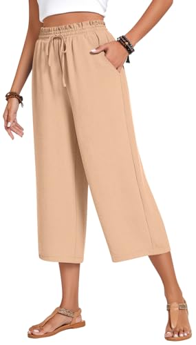 Image of Anyhold Women's Capri Pants Drawstring Casual Palazzo Trousers with Pockets Loose High Waisted Wide Leg Lounge Pants