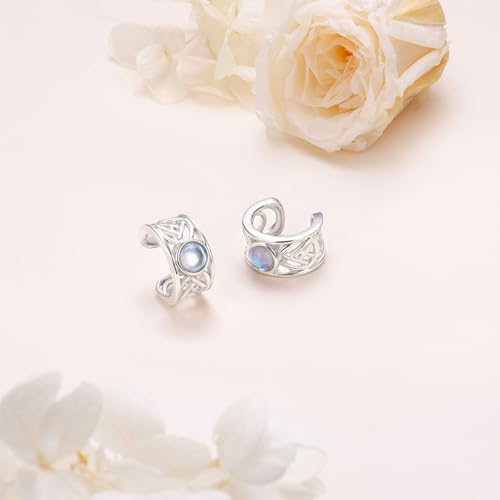 925 Sterling Silver Celtic Ear Cuff Earrings Non Pierced Lab Moonstone Fake Cartilage Cuffs Earrings for Women - Set of 2 (Celtic Synthetic Moonstone)4