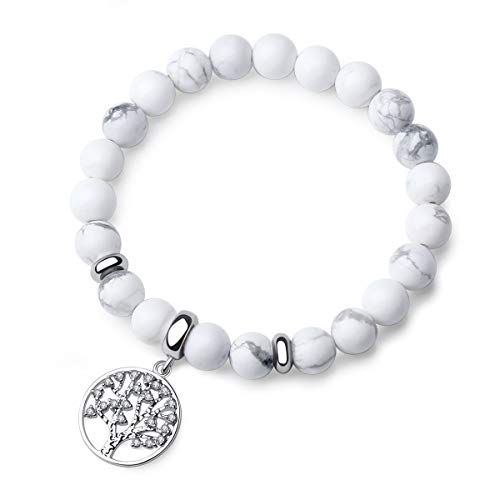 Vlinsha Tree of Life Gemstone Bracelet, Semi Precious White Howlite Original Design Crystals and Healing Stones Yoga Beaded Bracelets Dainty Gifts for Women Girls, Chakra Bracelet Christmas Xmas Gifts