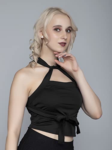 Image of A1728 Women's Basic Solid X Halter Neck V Back Front Tie Knot Crop Top for Women Stylish Western