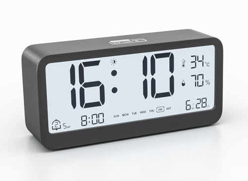 PASIVOLE Reloj Despertador Digital a Pilas con Calendario | Temperatura | Humedad | Pantalla LCD | Doble Alarma | Repetición y Retroiluminación Reloj Pequeño de Sobremesa (Negro)