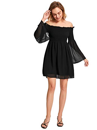 Romwe-Womens-Casual-Floral-Print-Off-Shoulder-Trumpet-Sleeve-Swing-Dress
