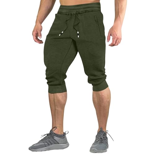Pantalon 3/4 Homme Sport Homme Pantalon Court Casual 3/4 Pantalon De Sport Pantalons De Survêtement Courts Poches Zippées Pantalon De Jogging Ceinture...
