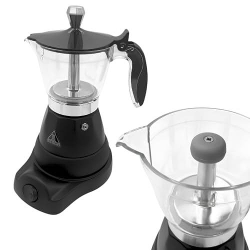 MAKA Moka Elettrica 1-3 Tazze Caffettiera con 1 Filtro per 1 Tazzina Pronto in 4 Minuti Mantiene il Caffè Caldo per 30 Minuti 400W Autospegnimento Alluminio Nero Grigio Argento Antischizzi (Nero)