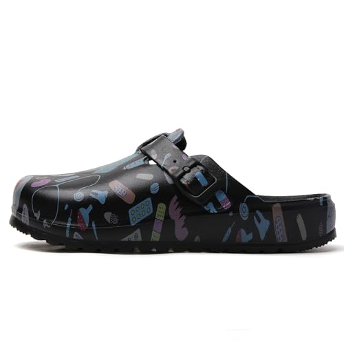 Image of Eliogn Women's Garden Clogs with Print, Waterproof Slip Resistant Work Clogs, Lightweight EVA Slip-On Mules, Cushioned Comfortable Shoes for Nurse, Chef, Kitchen, Beach
