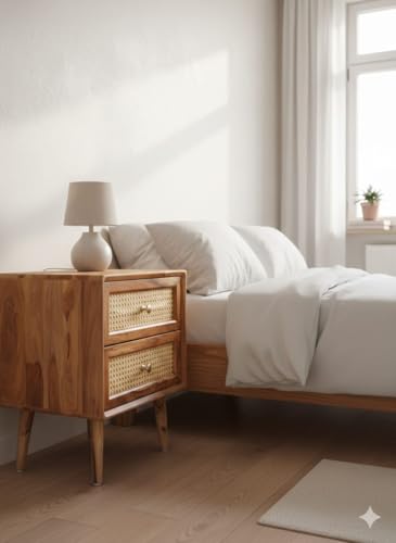 Image of MISAN Boston Solid Wood Bedside Table with Rattan Drawers Mid Century Night Stand for Living Room, Bedroom (S- Natural)