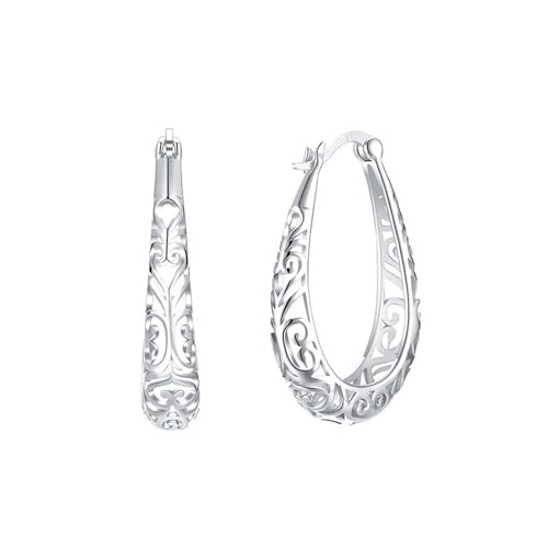 Boucles d'oreilles argent 925 créole ovale floral le cadeau vintage idéal pour elle