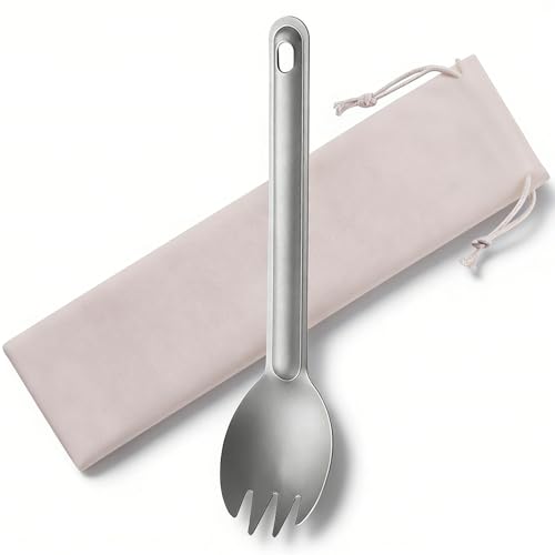 Titanium Spork 6.3inch Long Handle Net Weight 11g Lightweight 100% Titanium Spork and Spoon Camping Cutlery with Storage Bag for Outdoor Camping Backpacking Hiking Travel Picnic Office Worker(Silver)