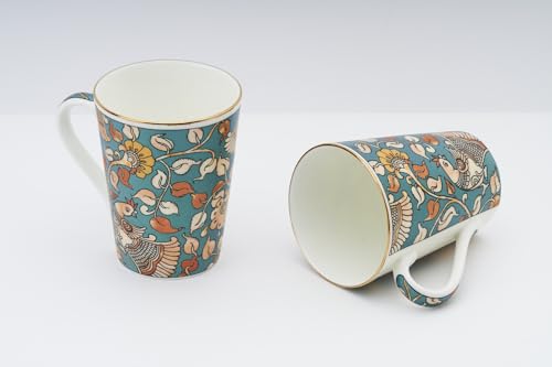 Image of GOLDEN QUEEN'S Mugs Set Of 2 For Coffee, Tea, Milk - Ideal For Your Daily Beverage Ritual, Hosting & Casual Gatherings | 24 K Gold On Rim - Kalamkari Hues In Green, 300 Ml