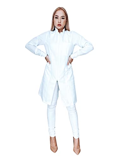 Jaleco Feminino Oxford Ziper Gola Padre, Com Punho, Acinturado, Manga Longa, Branco, Plus Size (M, B