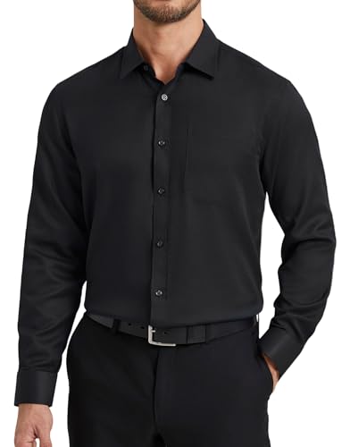 HISDERN Camisas Hombre Manga Larga de Vestir Formal Camisa Negra Hombre Boda de Algodón con Bolsillo Botones Regular Fit Elegante Negocios 2XL