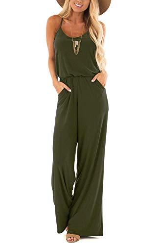 Women Tank Jumpsuits Casual Loose V Neck Sleeveless Spaghetti Strap Wide Leg Pants Jumpsuit Rompers Army Green Large #TOP15