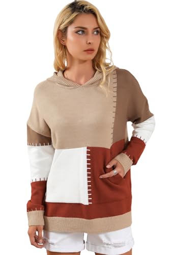Women's Cozy Brown Color Block Kangaroo Pocket Hooded Sweater - Main Image