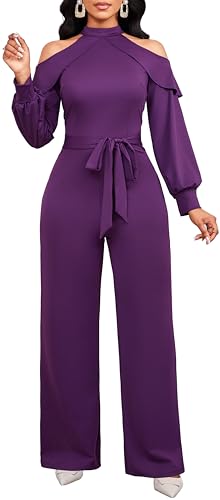 SxClub Purple Jumpsuits for Women Dressy Cold Shoulder Rompers with Belt