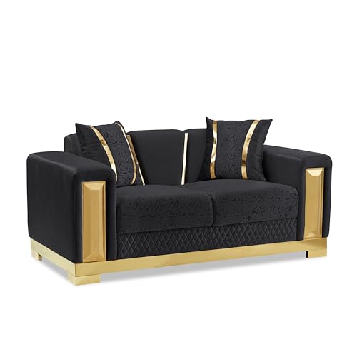 Image of Furniture of America Samison II Glam Solid Wood Upholstered Loveseat with Accent Pillows, Damask Pattern and Gold Base, Soft Couch for Living Room, Bedroom, Office, Black