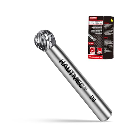 HAUTMEC Tungsten Carbide Rotary Burr Bit YG6, 1/4" Shank Double Cut Die Grinder Bit, Low Vibration Precision Rotary File for Metal Grinding, Engraving & Deburring (6MM Ball Head), HT0449