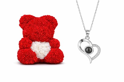 Rose Bear Gift Set with 100 Languages Love Necklace- Personalized Message Card – Romantic Valentine Gift for Her, Anniversary, Birthday, Wife, Girlfriend