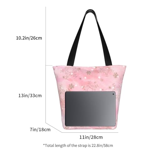 Pink Christmas Snowflakes Boho Pattern Fashionable Tote Bag - Durable Reusable Shopping Shoulder Bag With Zipper Pockets, Washable Market Bag For Travel & Beach2