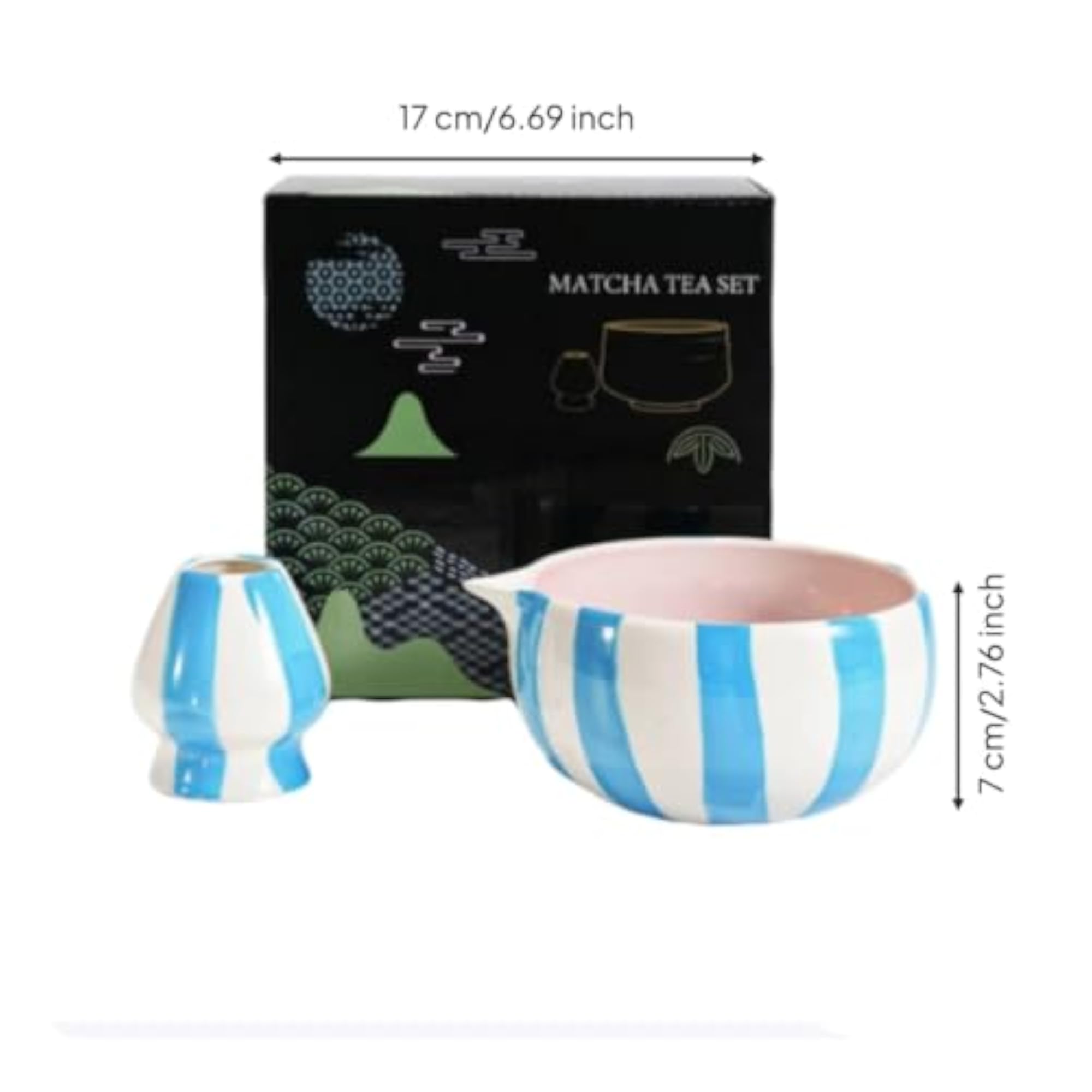 Hand-Painted Matcha Tea Set, Blue-White Stripe