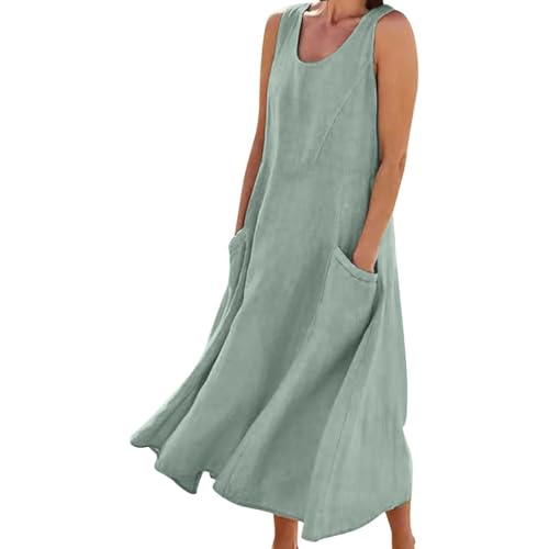 Vestidos de Verano para Mujer 2025 – Vestido Largo Sin Mangas de Lino y Algodón, Casual, Suelto, Color Sólido, Tallas Grandes con Bolsillos (Green,5XL)