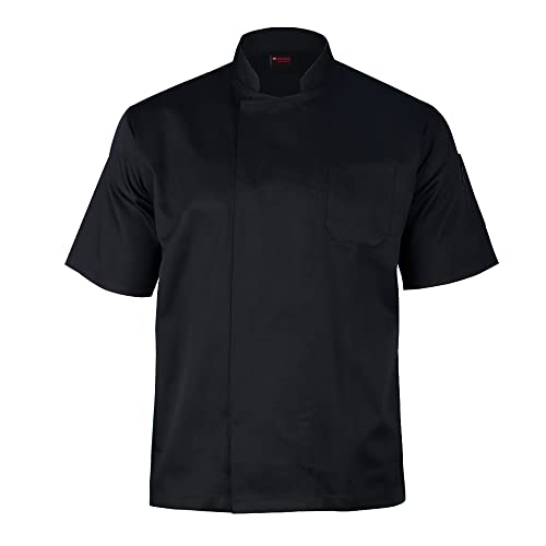 P-H Chef Jacket Short Sleeve Hidden Button Unisex Black and White XS to 5XL (Black L)
