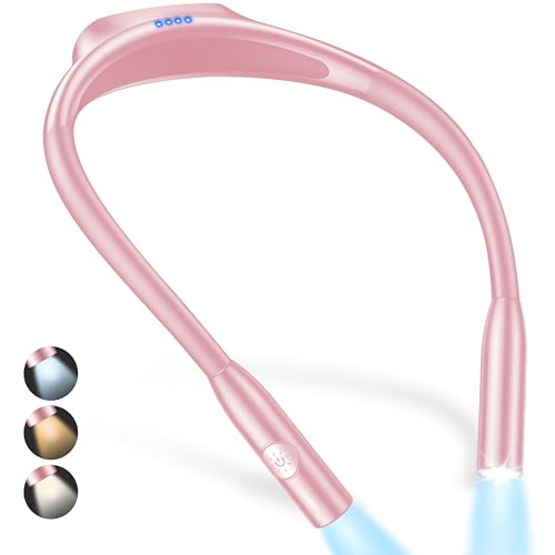 Gritin LED Neck Reading Light,Book Light for Reading in Bed-Eye Caring 3 Colors, Dimmable Brightness, Bendable Arms, 80+Hrs Runtime, Neck Round Design, Lightweight for Crafting, Knitting-Pink