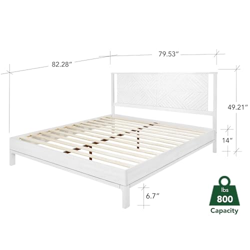 Image of Bme Ethan Solid Wood King Bed Frame with Diamond Headboard - Rustic & Mid-Century Modern - Acacia Wood Platform Bed - Compatible with All Mattresses - No Box Spring Needed - Rustic White