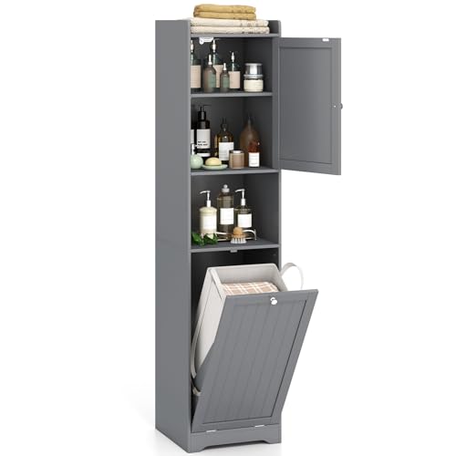 COSTWAY Bad Hochschrank mit Wäschekorb, Badezimmerschrank mit verstellbarem Regal & offenem Fach, Badschrank Holz, inkl. 48L herausnehmbarer Wäschesack, 40 x 40 x 170cm (Grau)